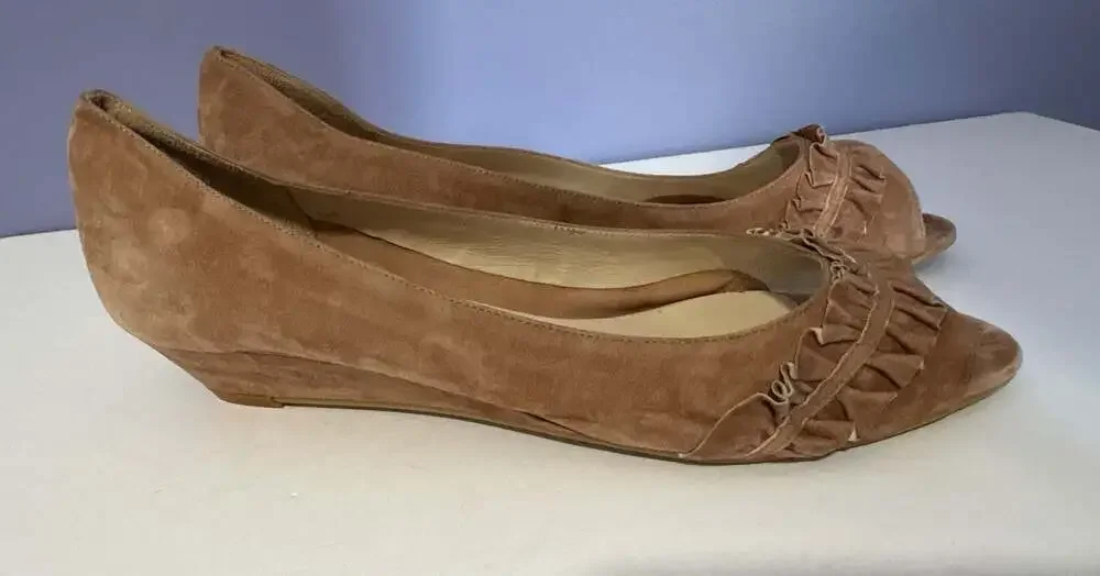 Butter Shoes Suede Ruffle Peep Toe Kitten Wedge Pumps Tan